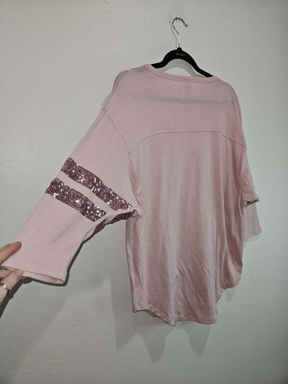 PINK Victoria's Secret Light Pink Sequin Logo Stripe Sleeve Tee Women's Medium - Picture 9 of 11